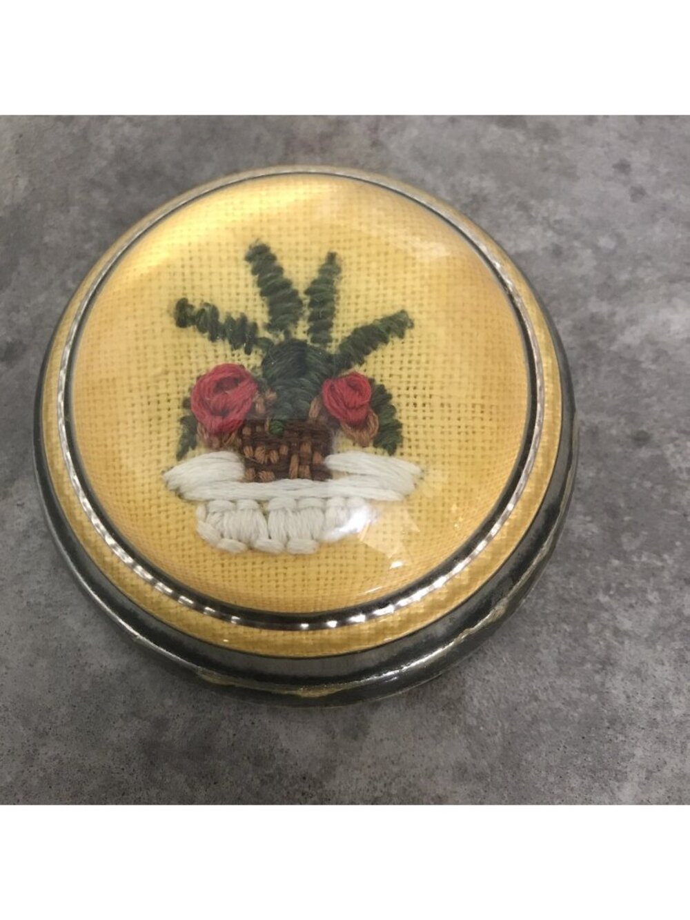 Vintage Paperweight Round Flower Decor Cottage Needlepoint Kitsch Crosstitch